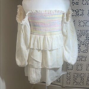 LoveShackFancy Cream and yellow stars Smocked Top with multicolor threading